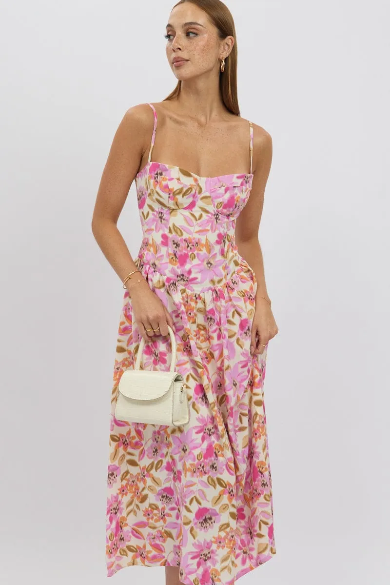 Multi Floral Midi Dress Corset Detail