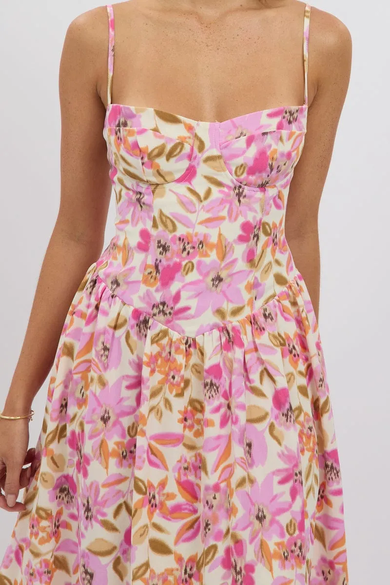 Multi Floral Midi Dress Corset Detail