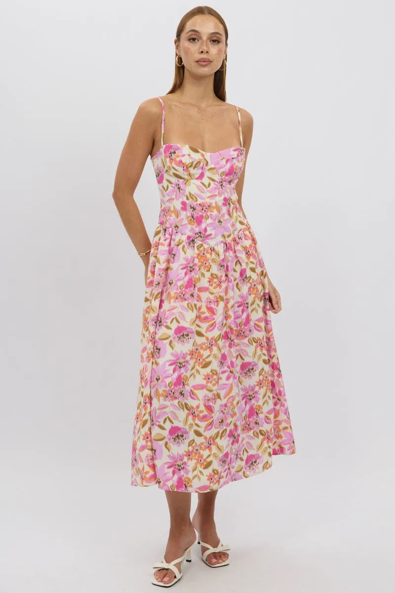 Multi Floral Midi Dress Corset Detail