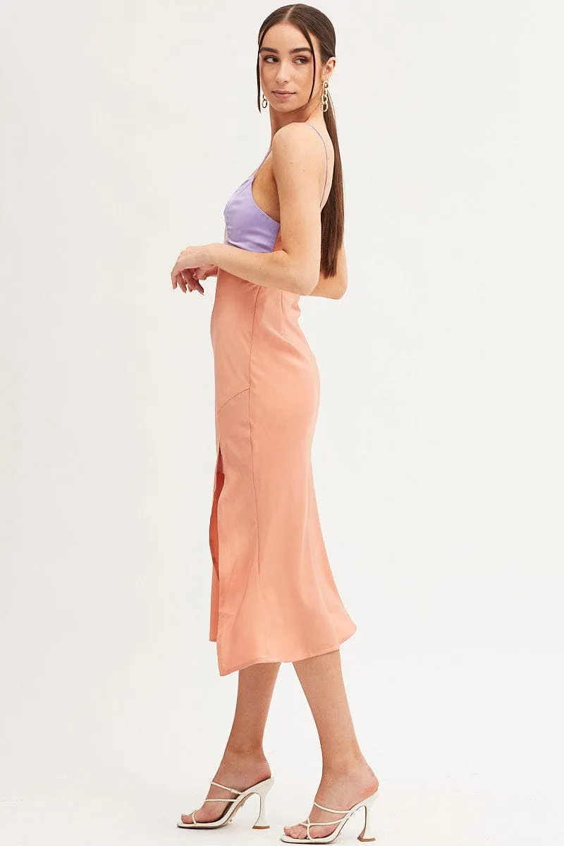 Multi Slip Dress Midi V Neck Colour Block Satin