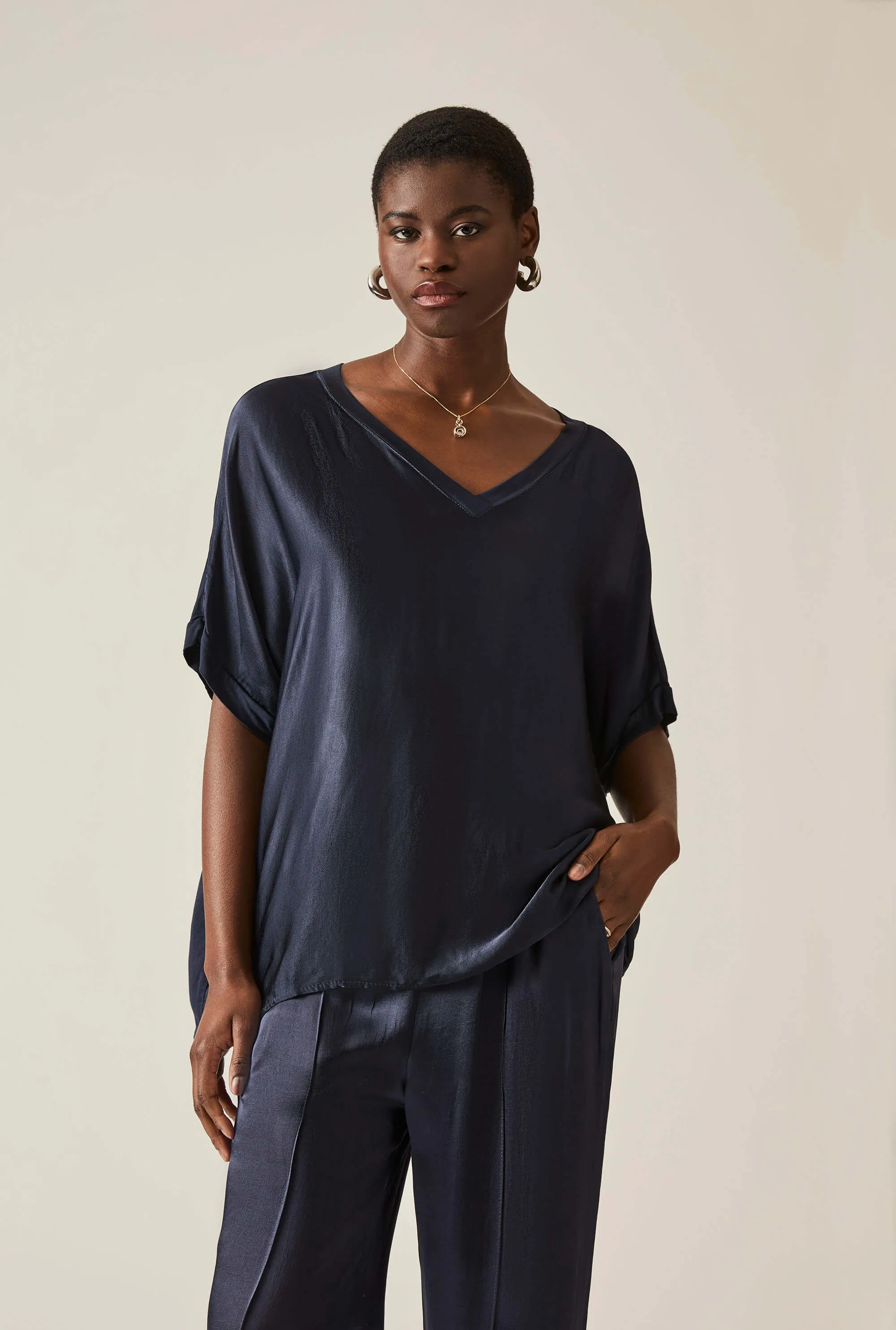 Navy Satin Short-Sleeve Top