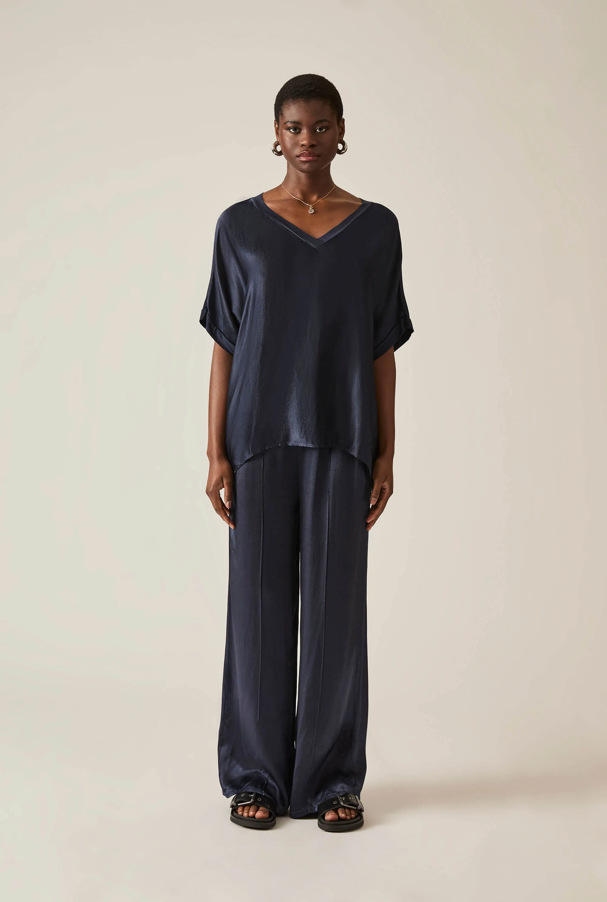 Navy Satin Short-Sleeve Top