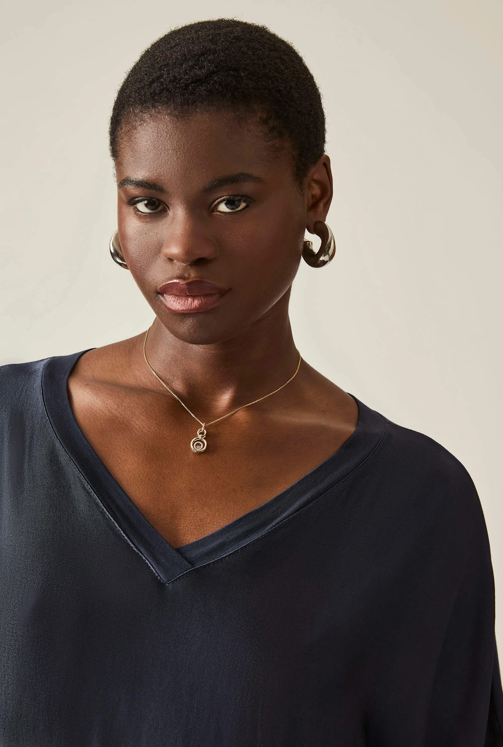 Navy Satin Short-Sleeve Top
