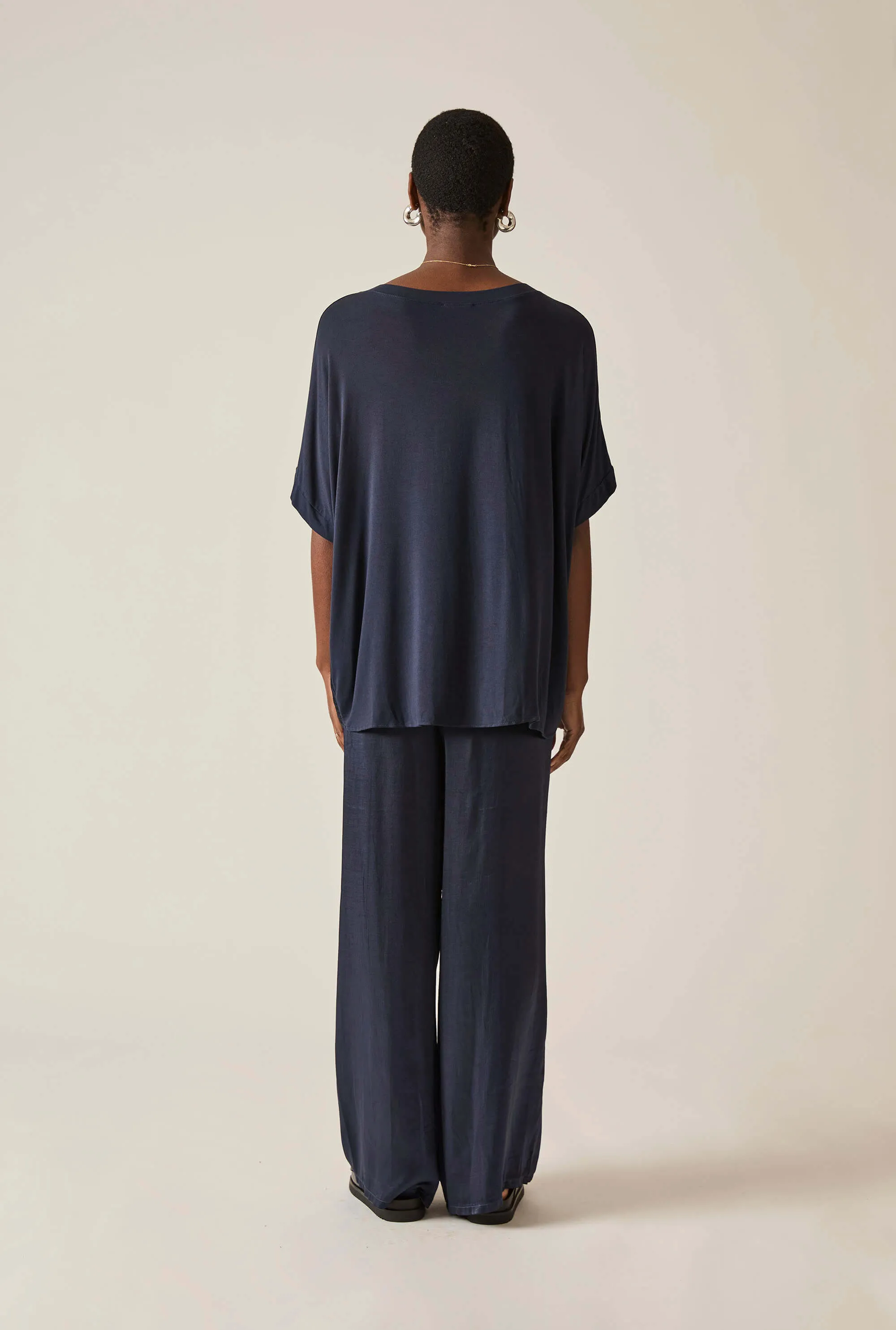 Navy Satin Short-Sleeve Top