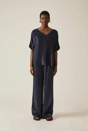 Navy Satin Short-Sleeve Top