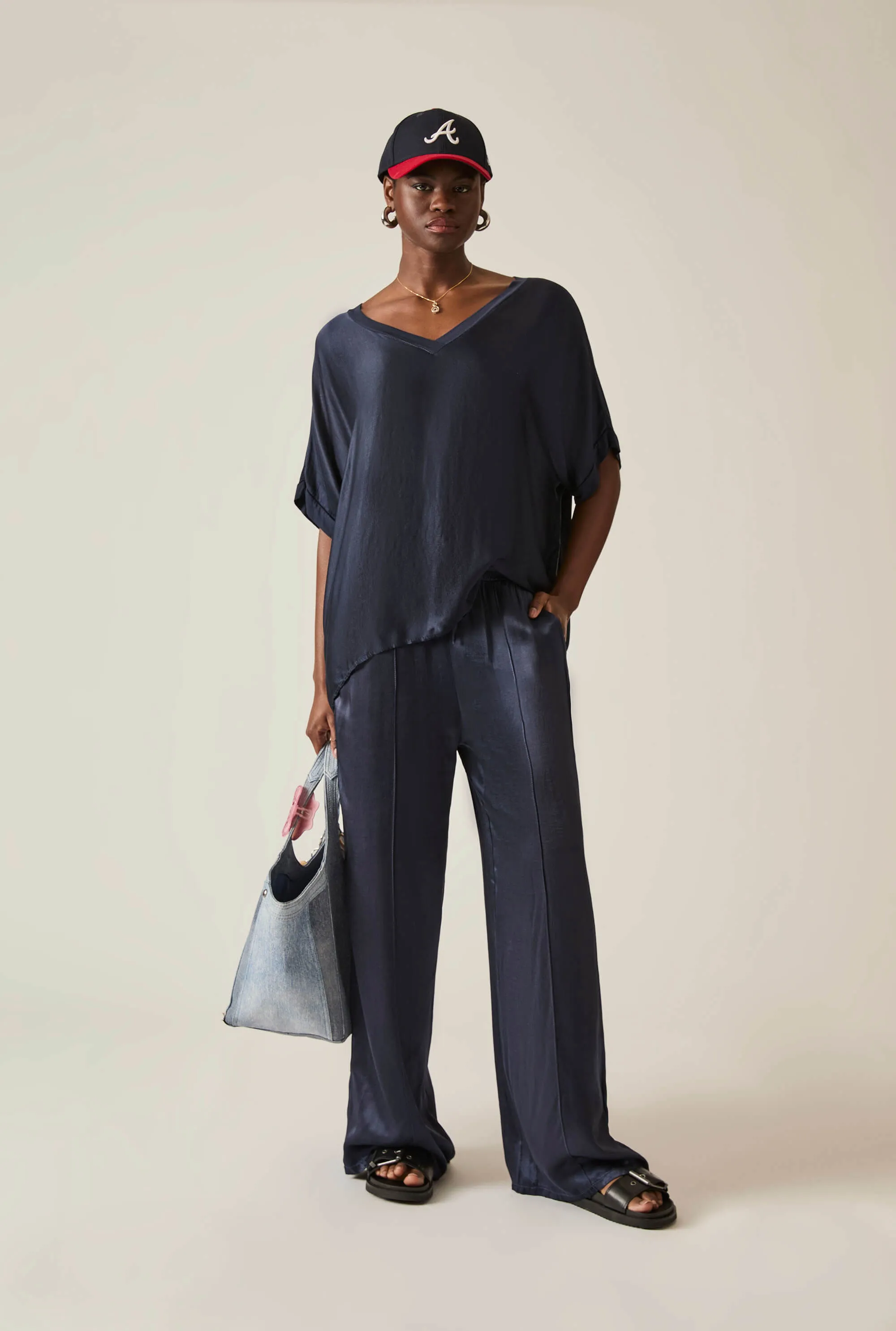Navy Satin Short-Sleeve Top