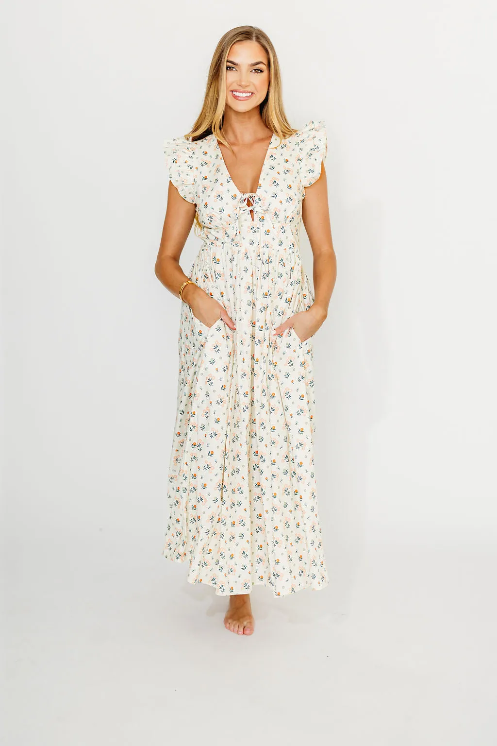 Nicole 100% Cotton Tie Front Ruffle Maxi Dress in Cream Multi Floral