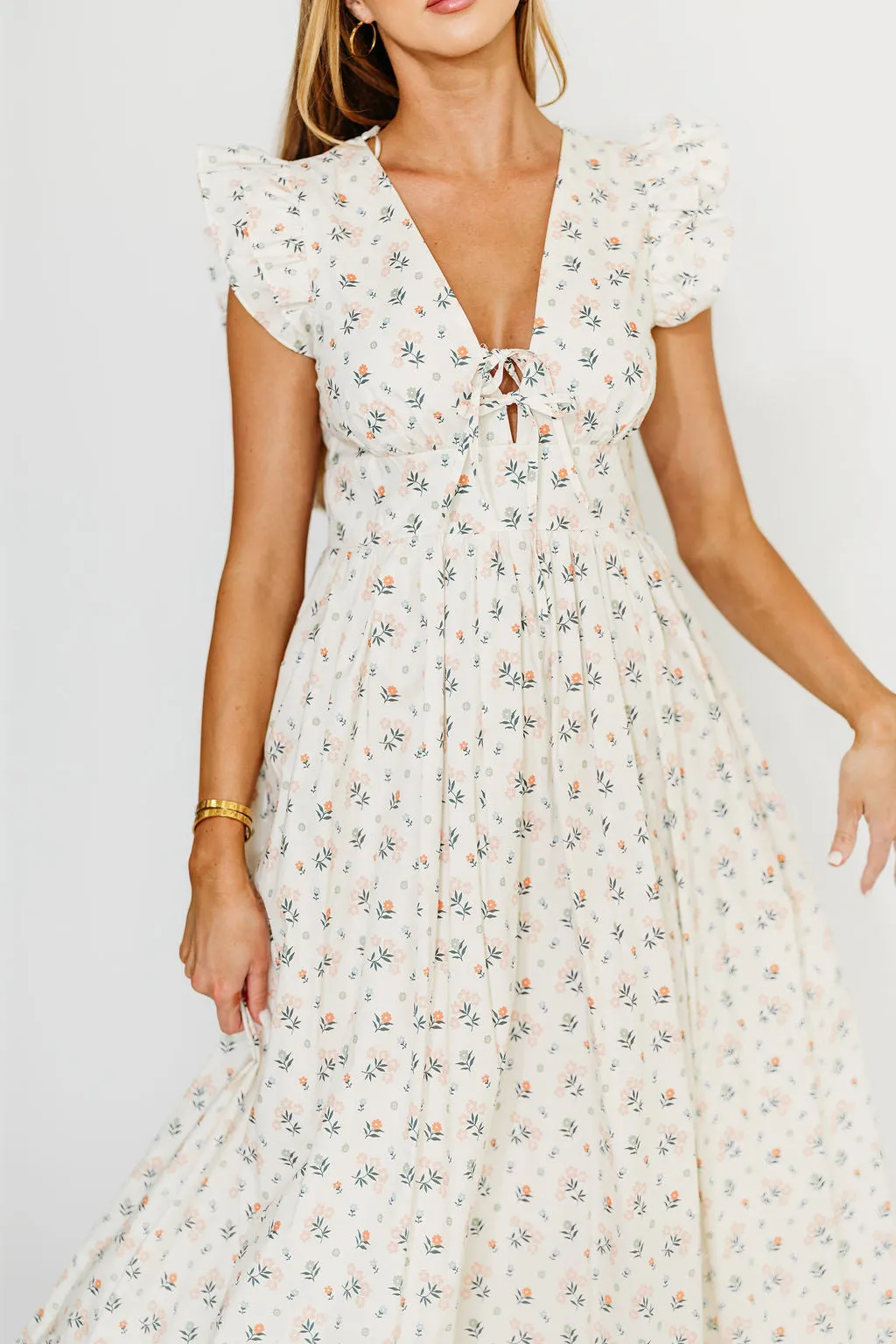 Nicole 100% Cotton Tie Front Ruffle Maxi Dress in Cream Multi Floral
