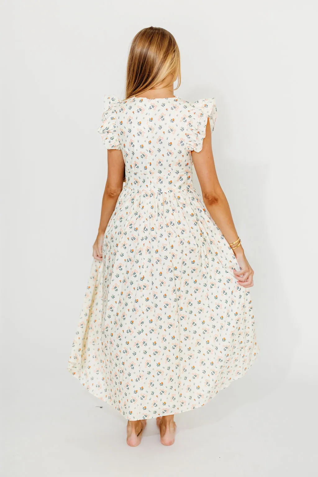 Nicole 100% Cotton Tie Front Ruffle Maxi Dress in Cream Multi Floral