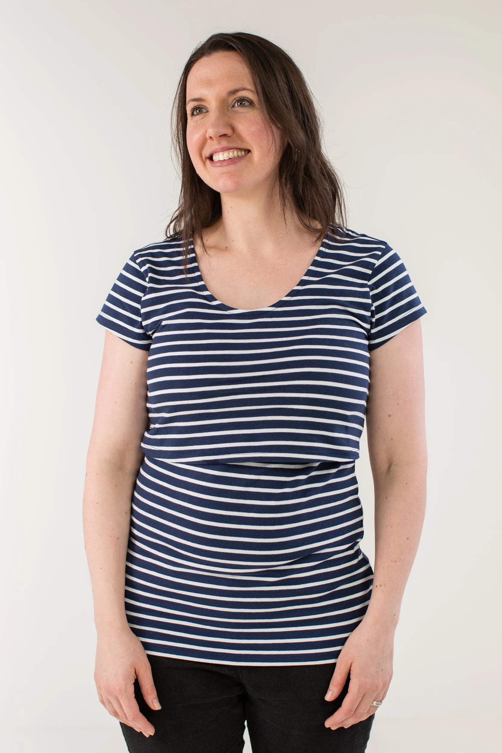 Nursing Short Sleeve Twin Pack Cotton T-Shirt | Navy & White Stripes