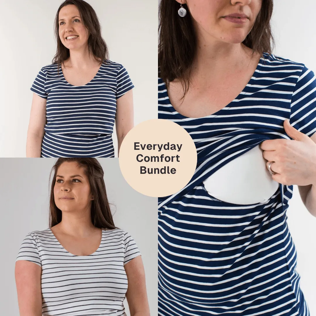 Nursing Short Sleeve Twin Pack Cotton T-Shirt | Navy & White Stripes