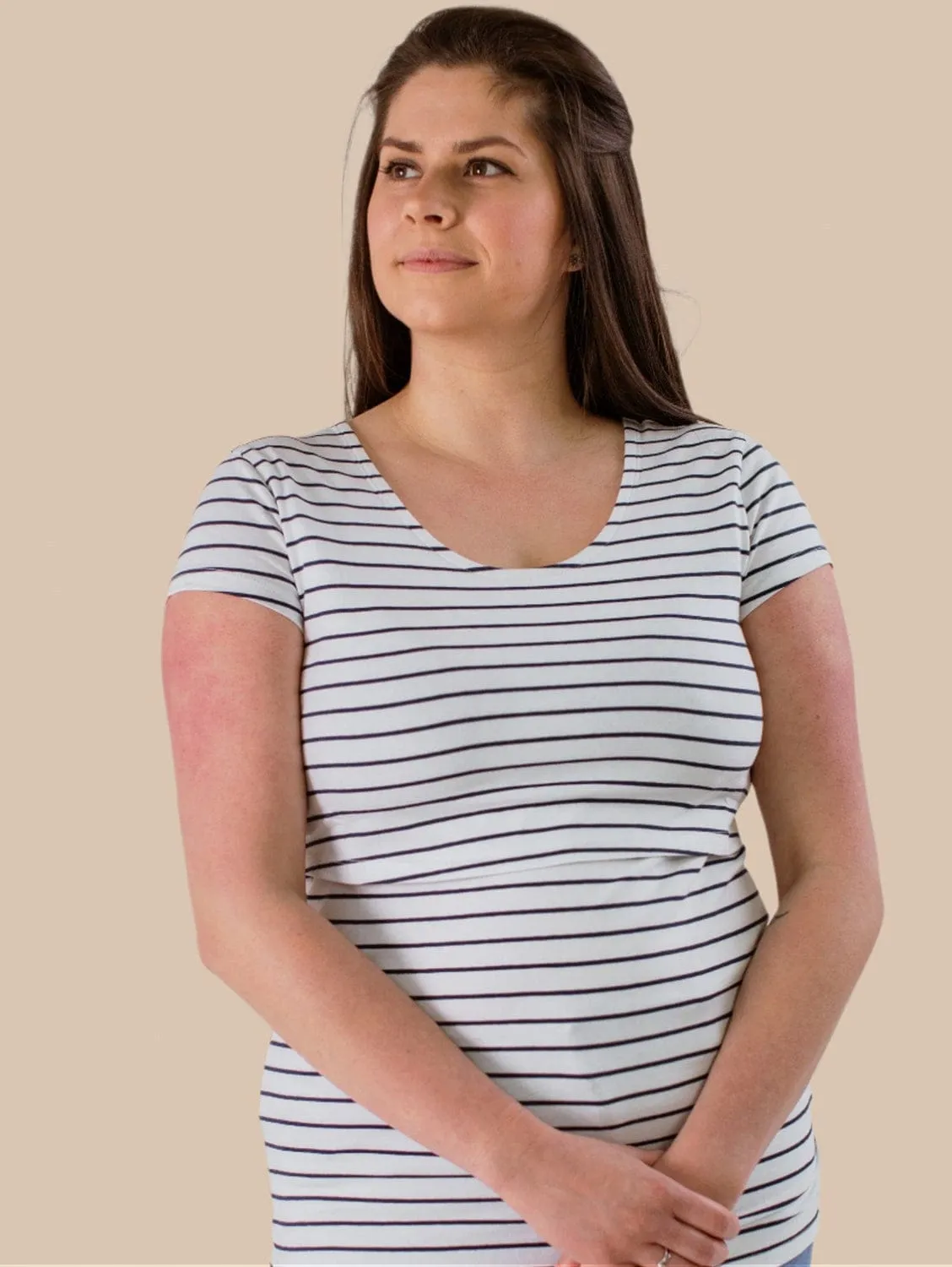 Nursing Short Sleeve Twin Pack Cotton T-Shirt | Navy & White Stripes