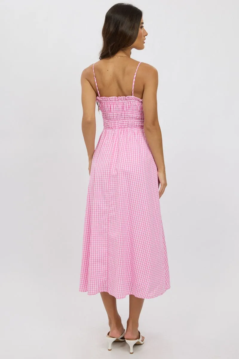 Pink Check Midi Dress Ribbon Detail Strappy