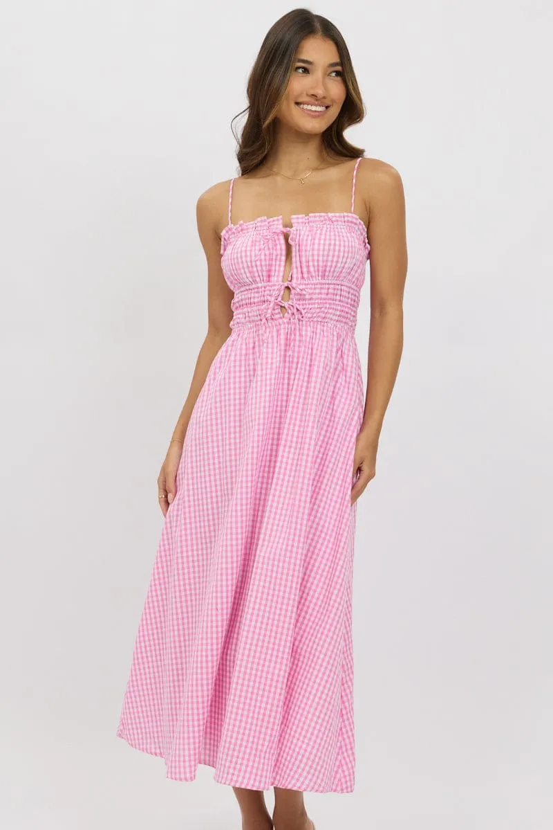Pink Check Midi Dress Ribbon Detail Strappy