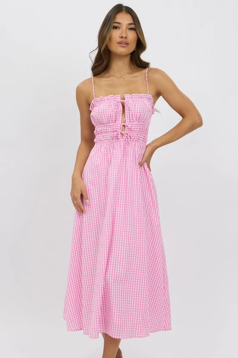 Pink Check Midi Dress Ribbon Detail Strappy