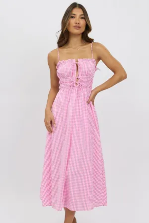 Pink Check Midi Dress Ribbon Detail Strappy