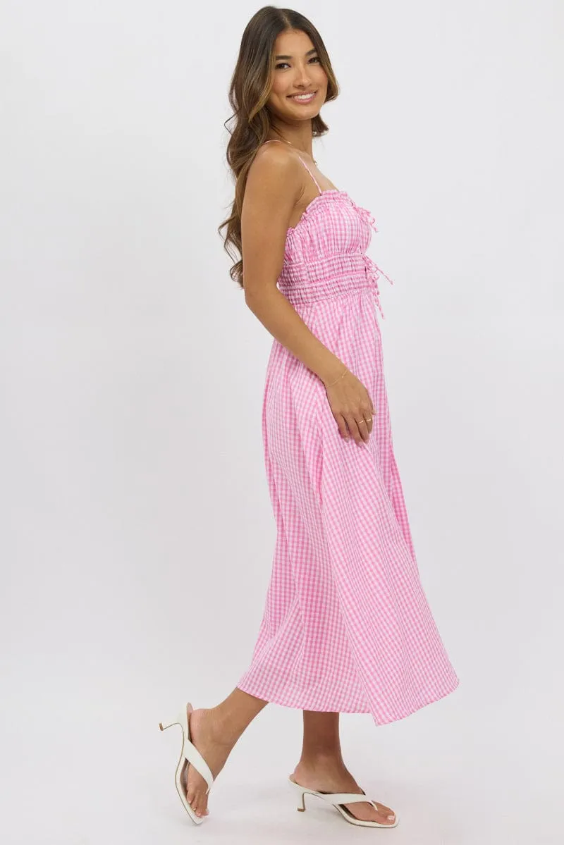 Pink Check Midi Dress Ribbon Detail Strappy
