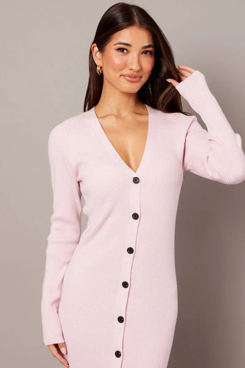 Pink Knit Dress Long Sleeve Button Front