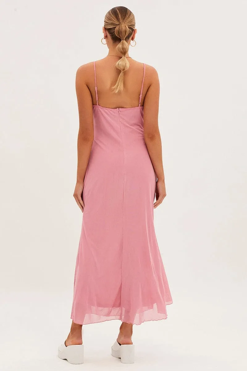 Pink Maxi Dress Sleeveless Gathering Bust Mesh