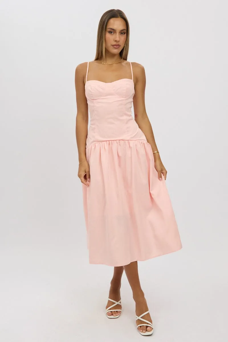 Pink Midi Dress Drop Waist