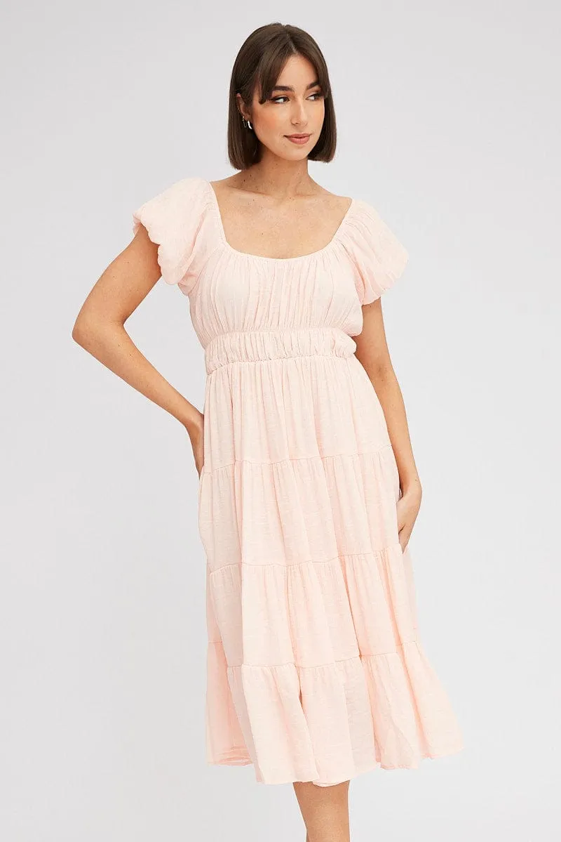 Pink Midi Dress Short Sleeve Ruched
