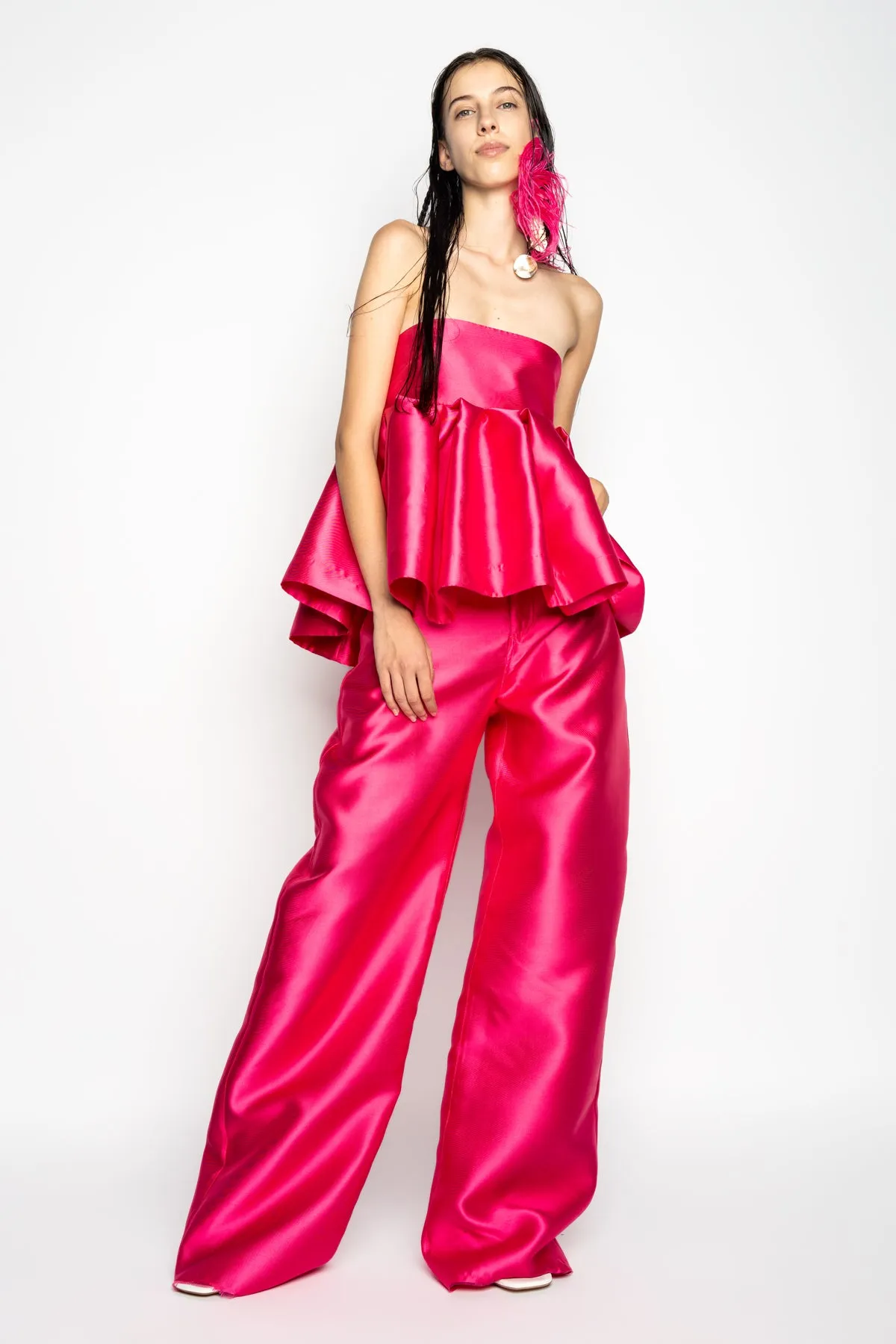 PINK STRAPLESS PEPLUM TOP