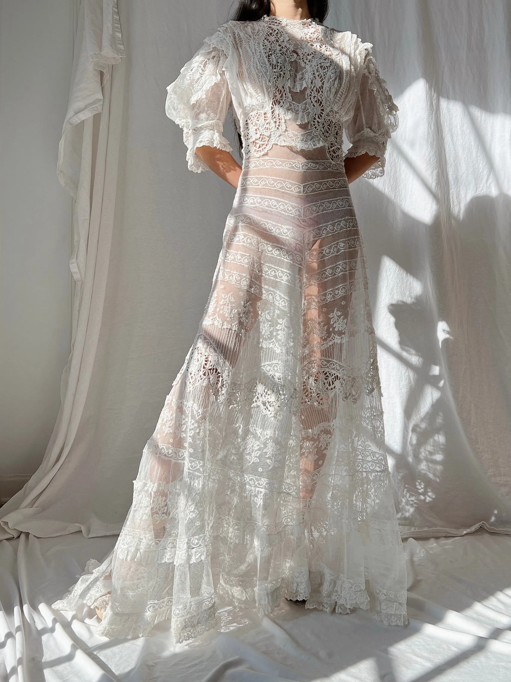 Rare Puff Sleeve Antique Tulle and Valenciennes Gown - S