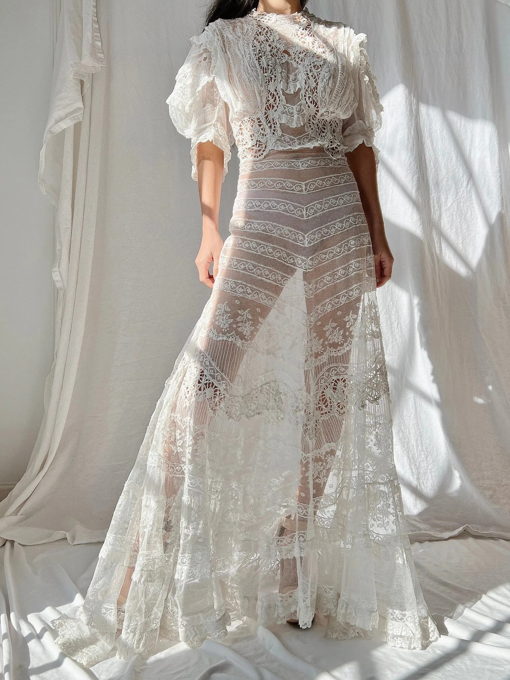 Rare Puff Sleeve Antique Tulle and Valenciennes Gown - S