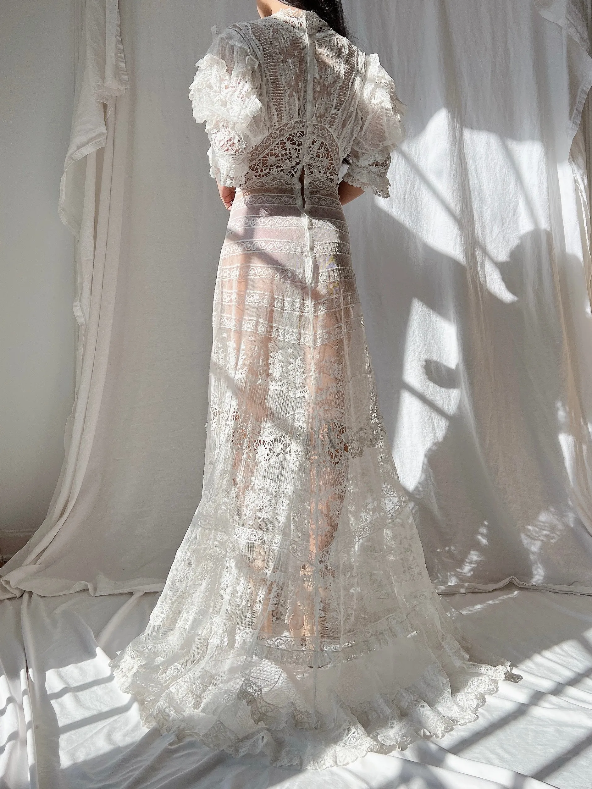 Rare Puff Sleeve Antique Tulle and Valenciennes Gown - S