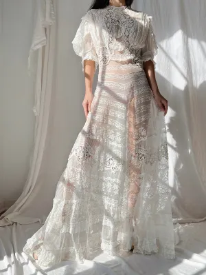 Rare Puff Sleeve Antique Tulle and Valenciennes Gown - S