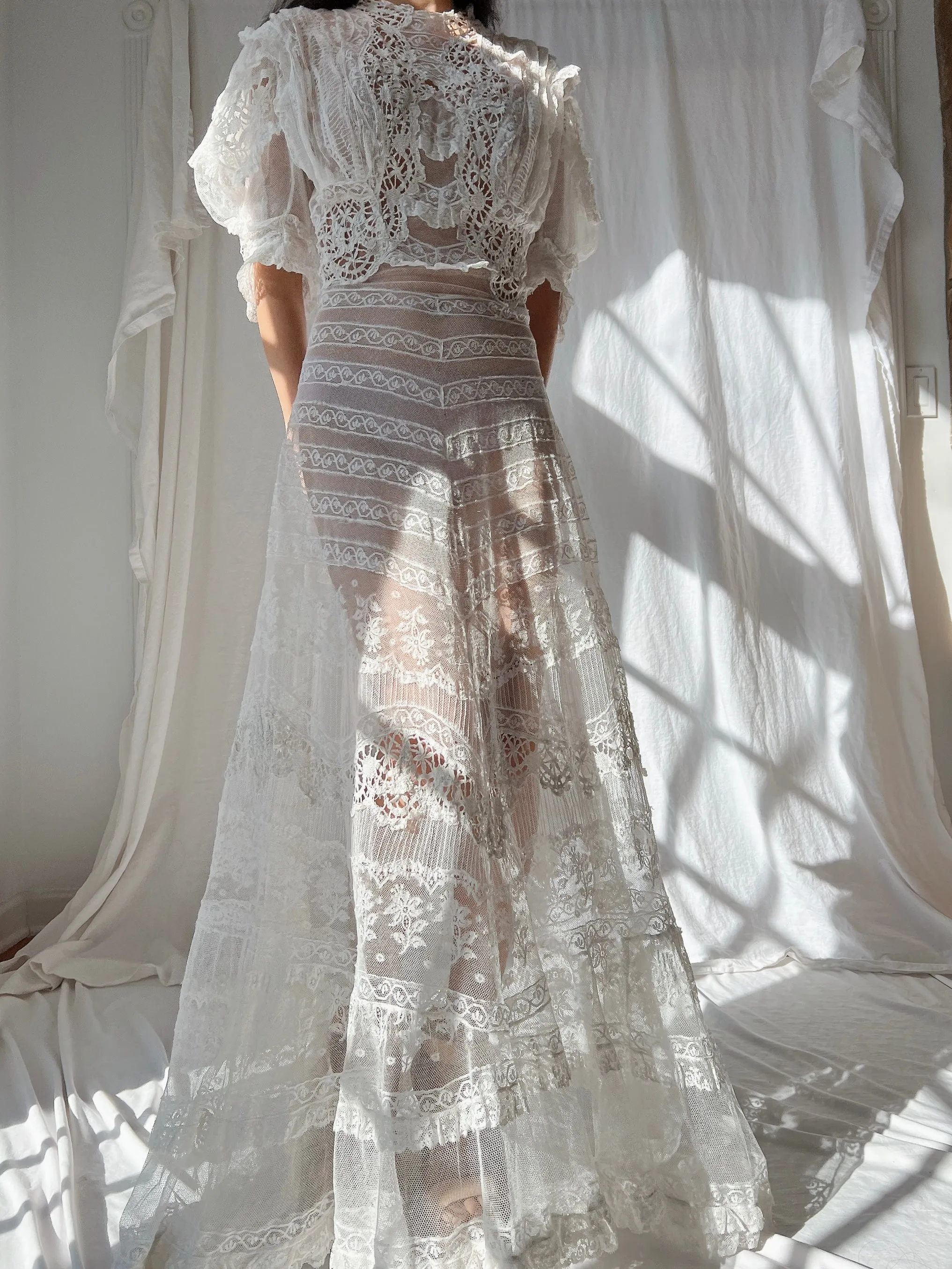 Rare Puff Sleeve Antique Tulle and Valenciennes Gown - S
