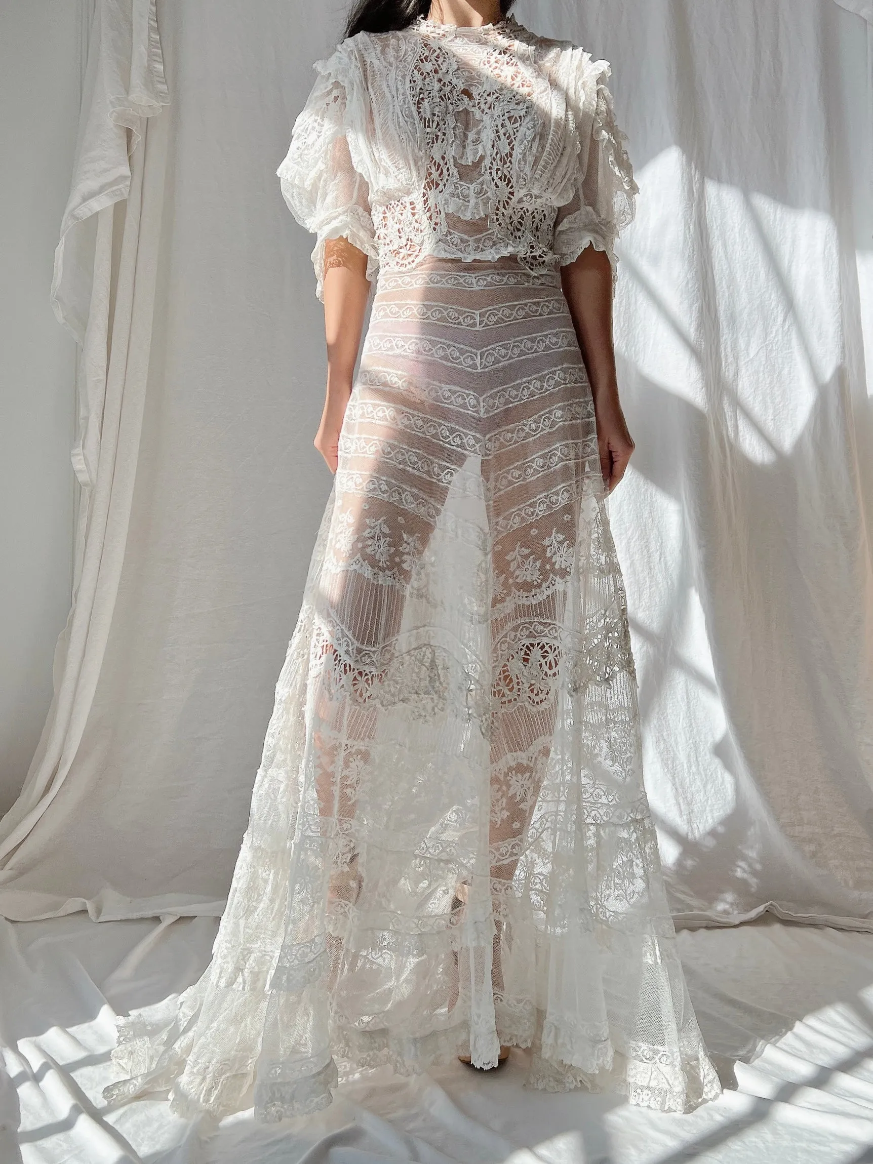 Rare Puff Sleeve Antique Tulle and Valenciennes Gown - S