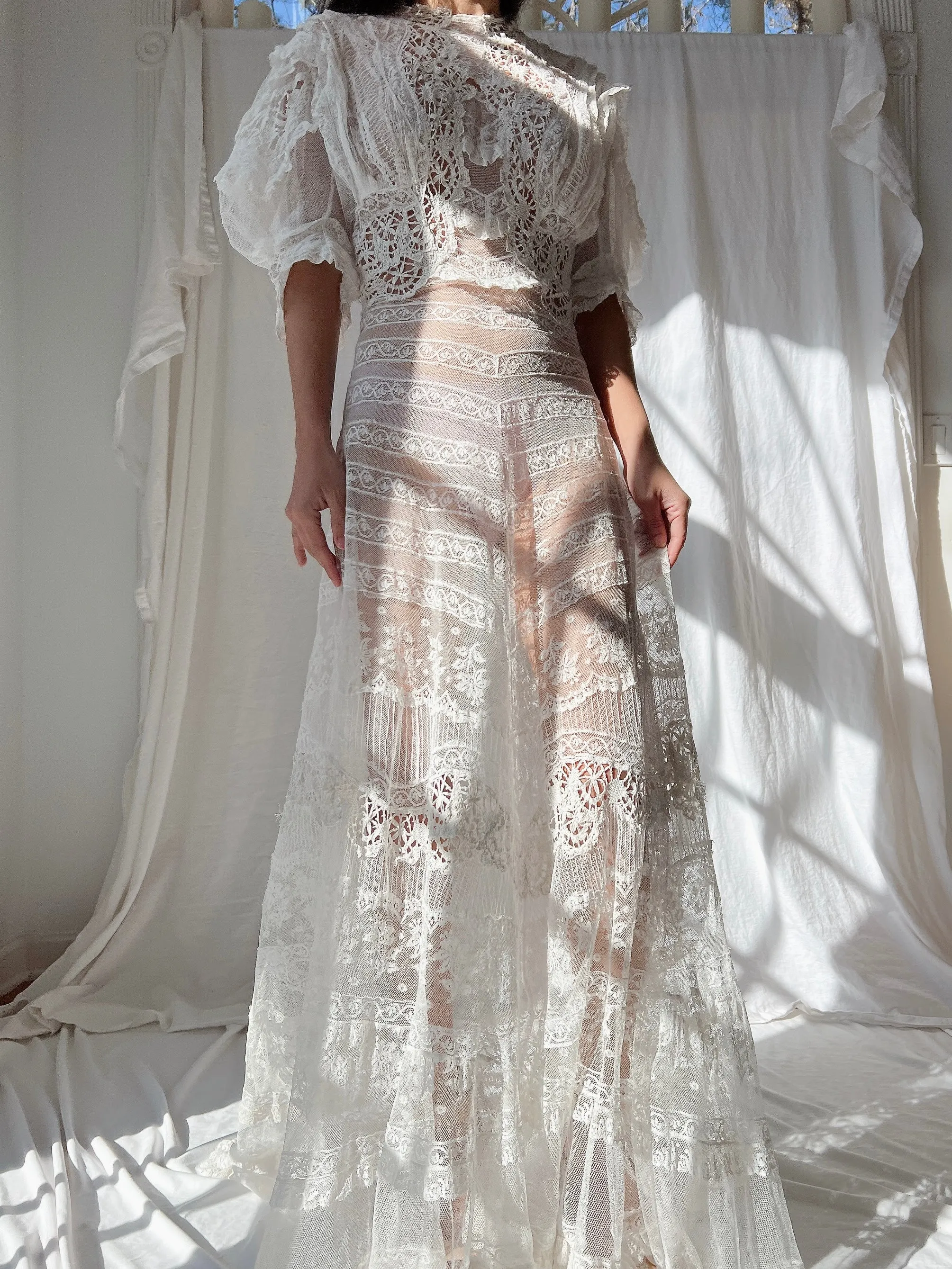 Rare Puff Sleeve Antique Tulle and Valenciennes Gown - S