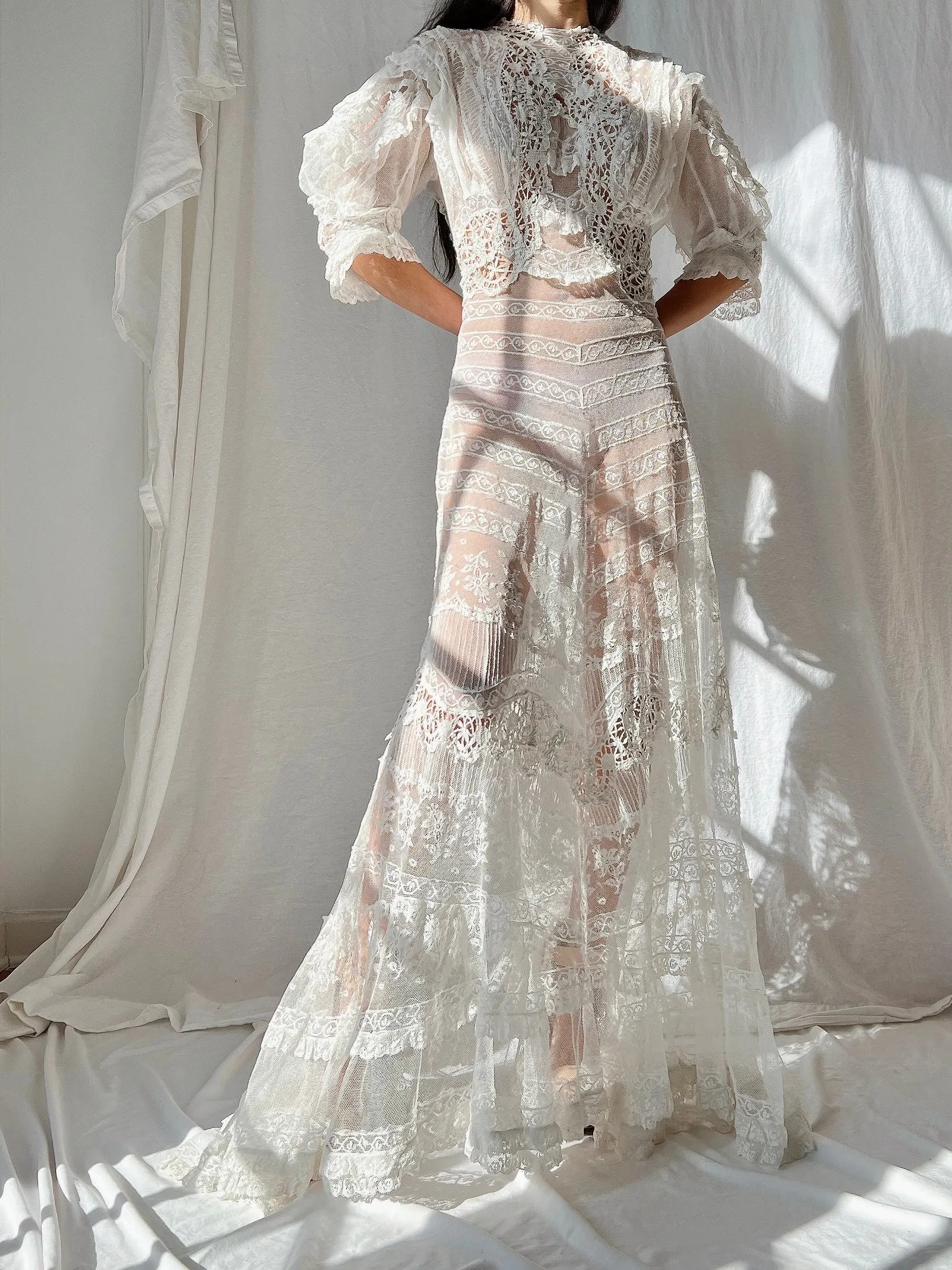 Rare Puff Sleeve Antique Tulle and Valenciennes Gown - S