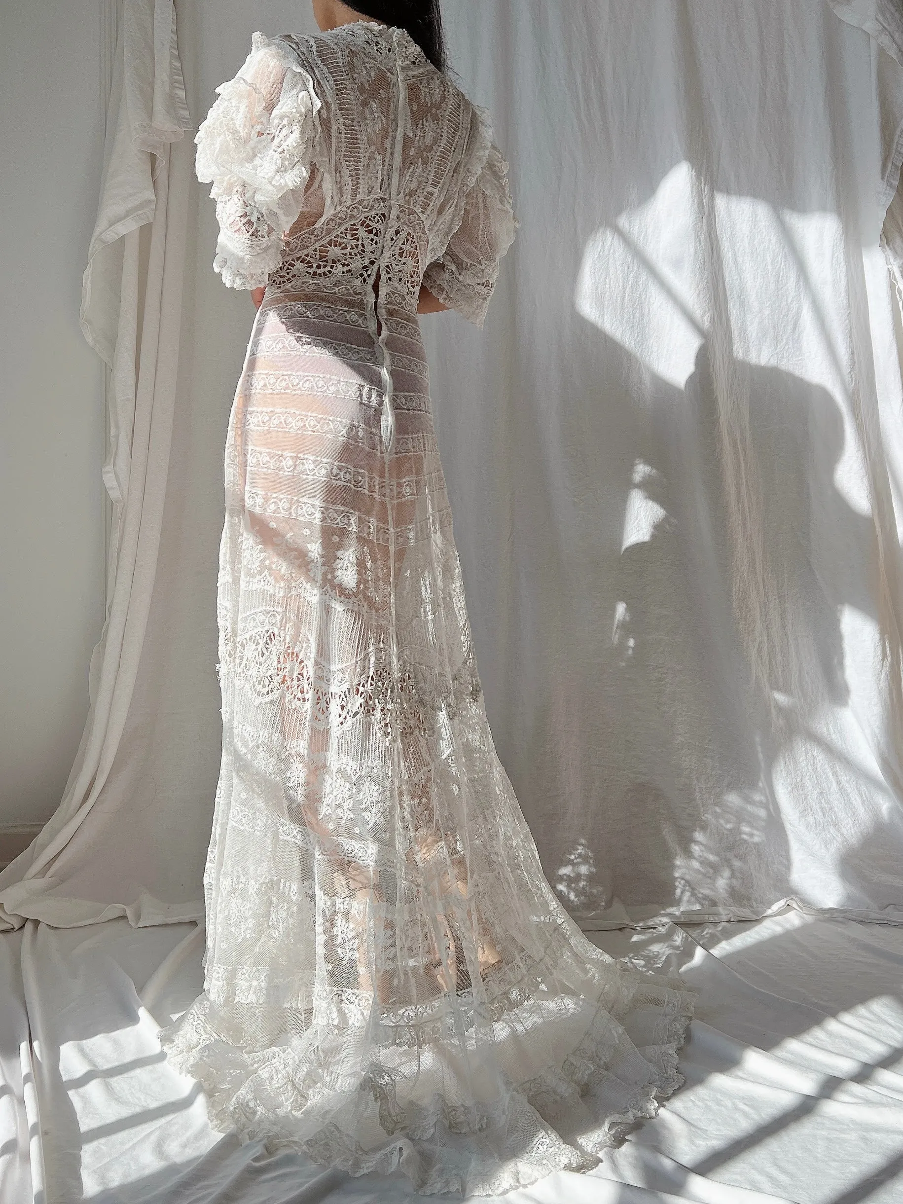 Rare Puff Sleeve Antique Tulle and Valenciennes Gown - S