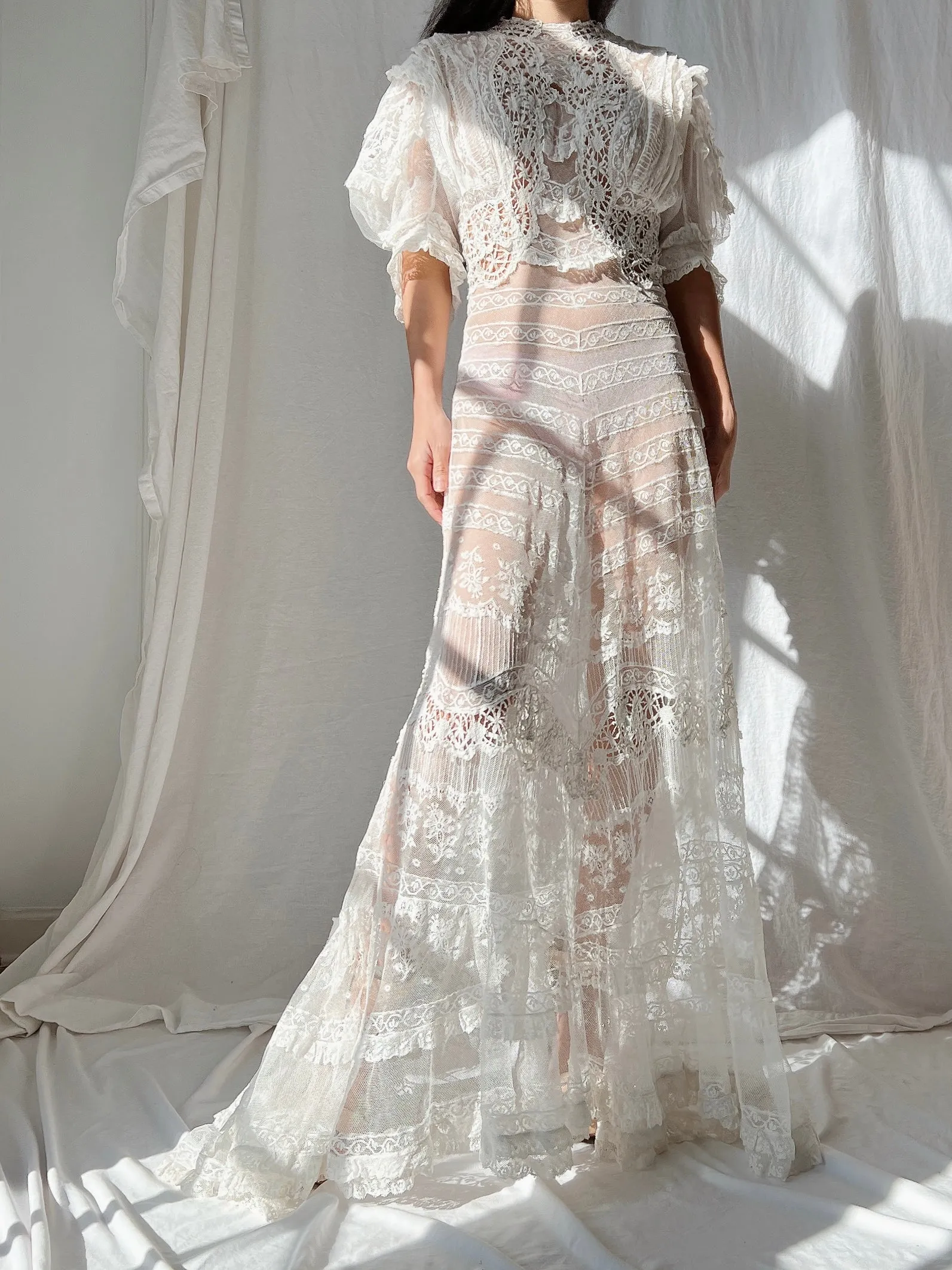 Rare Puff Sleeve Antique Tulle and Valenciennes Gown - S