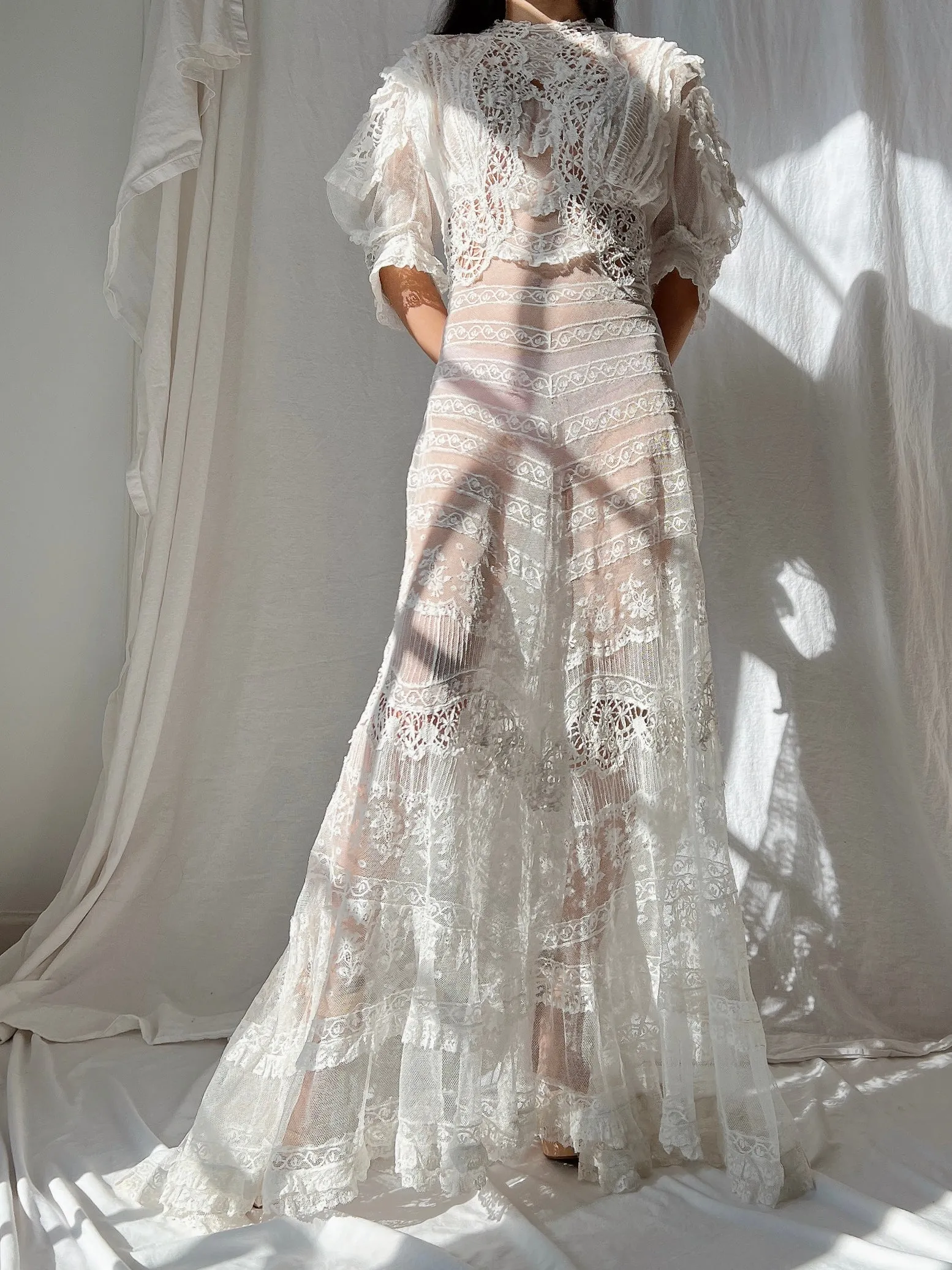 Rare Puff Sleeve Antique Tulle and Valenciennes Gown - S