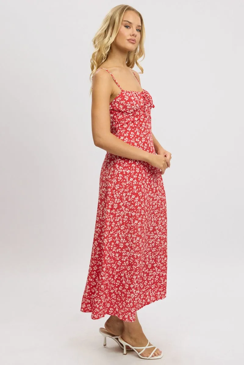 Red Ditsy Midi Dress Gathered Bust