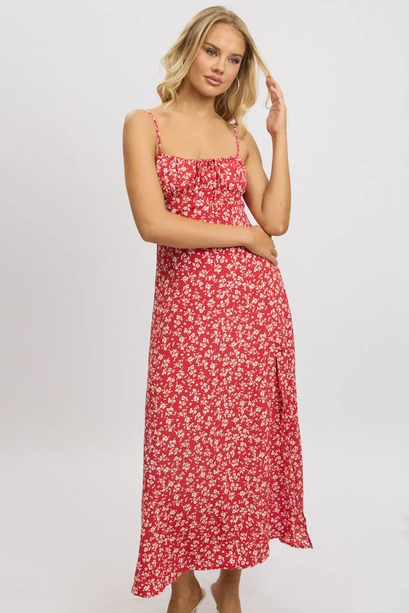 Red Ditsy Midi Dress Gathered Bust