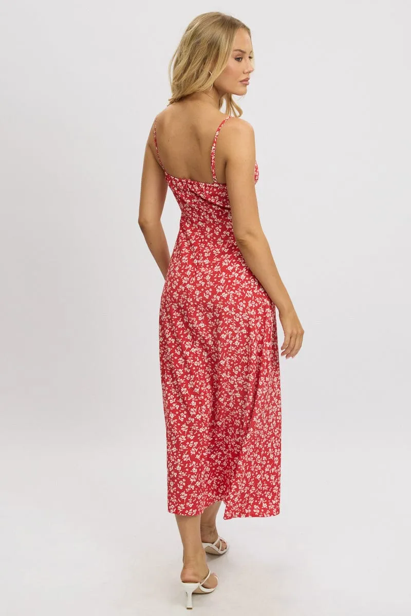 Red Ditsy Midi Dress Gathered Bust
