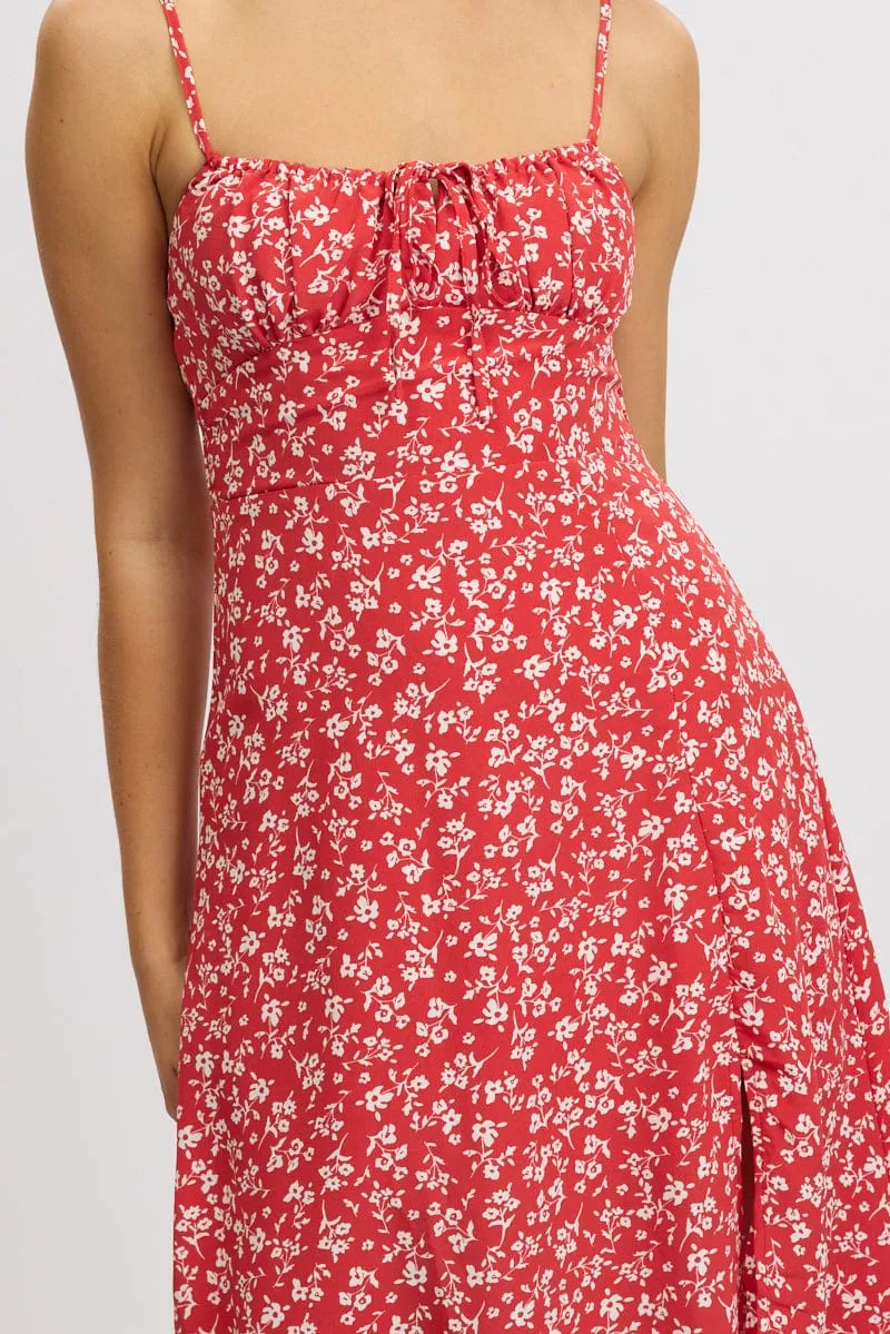 Red Ditsy Midi Dress Gathered Bust