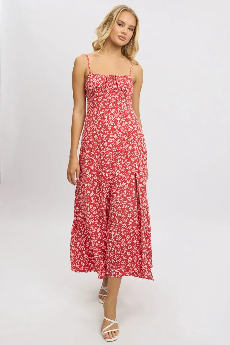 Red Ditsy Midi Dress Gathered Bust