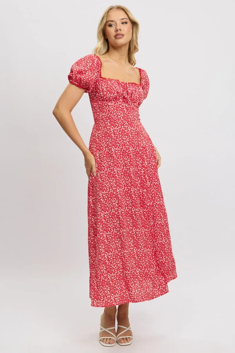 Red Ditsy Midi Dress Short Sleeve Side Split