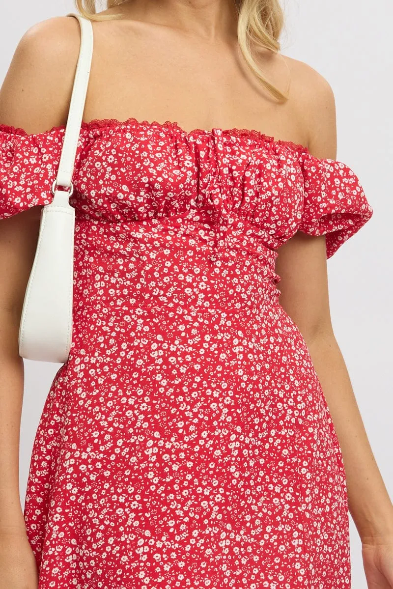 Red Ditsy Midi Dress Short Sleeve Side Split