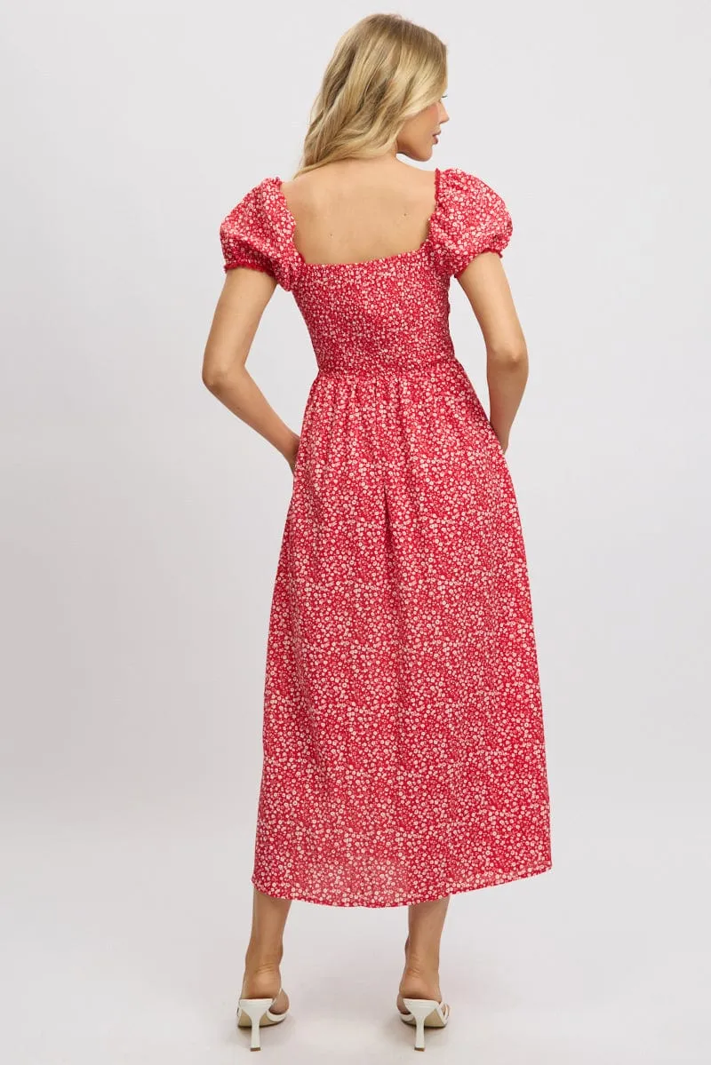 Red Ditsy Midi Dress Short Sleeve Side Split