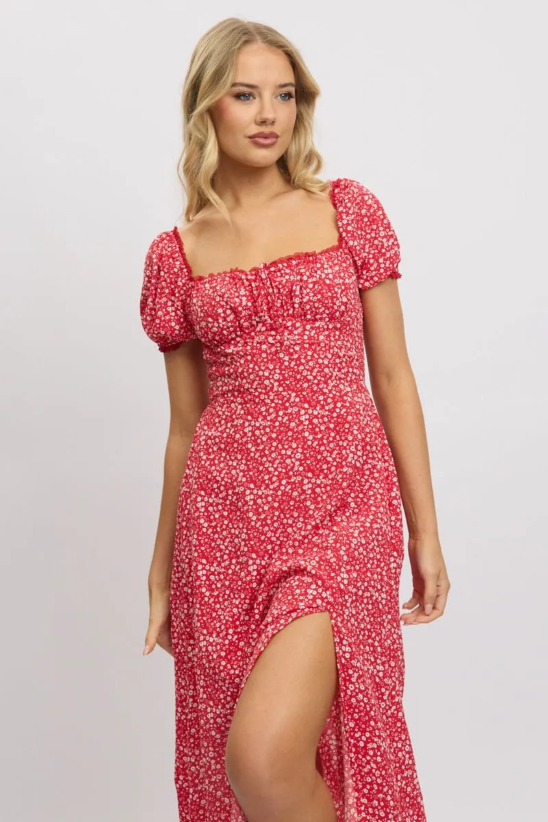Red Ditsy Midi Dress Short Sleeve Side Split