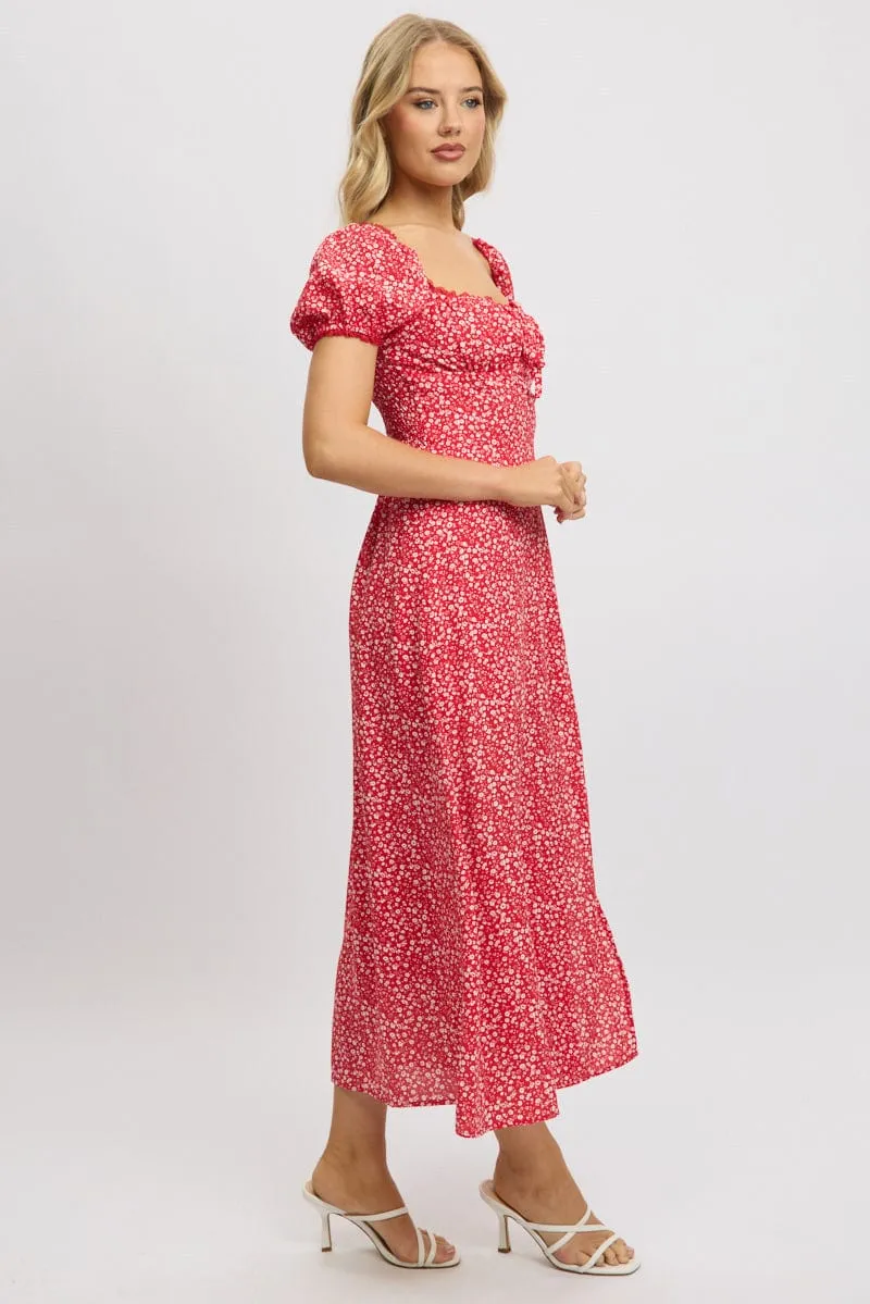 Red Ditsy Midi Dress Short Sleeve Side Split