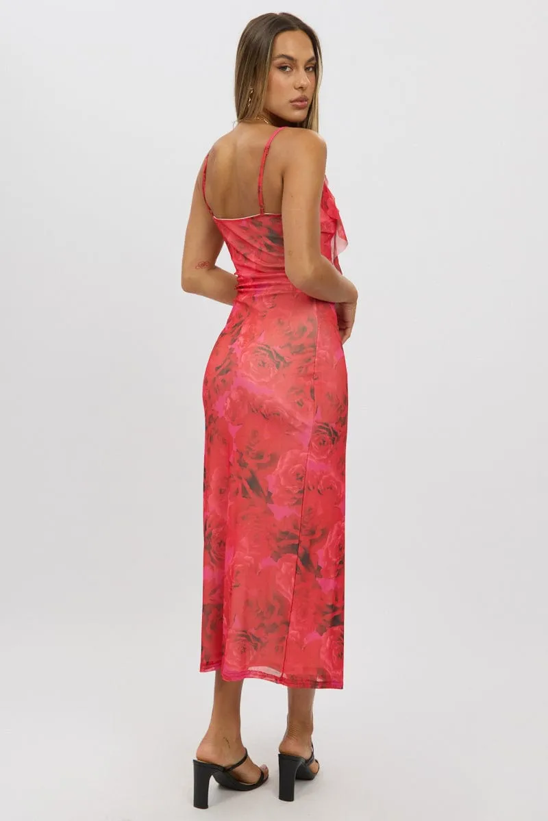 Red Floral Bodycon Dress Ruffle Mesh