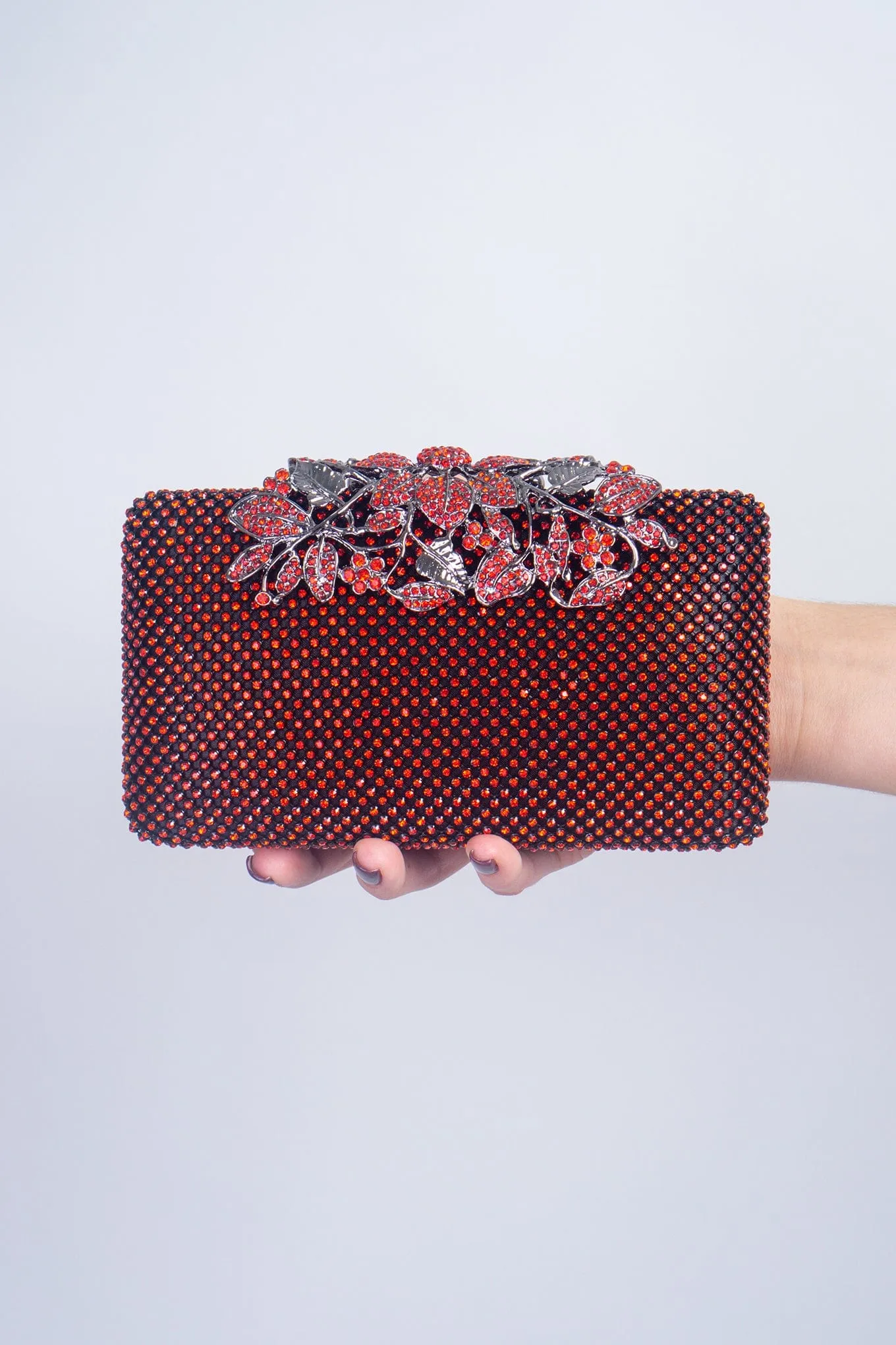 Red Floral Closure Rhinestone Clutch