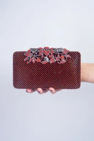 Red Floral Closure Rhinestone Clutch